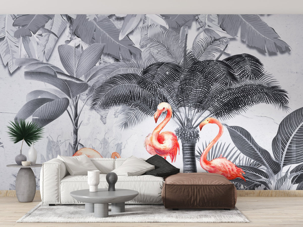 Modern flat interior with a monochrome tropical gray mural and sleek furnishings.