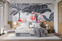 Minimalist bedroom styling using a gray tropical leaf mural with pink bird accents.
