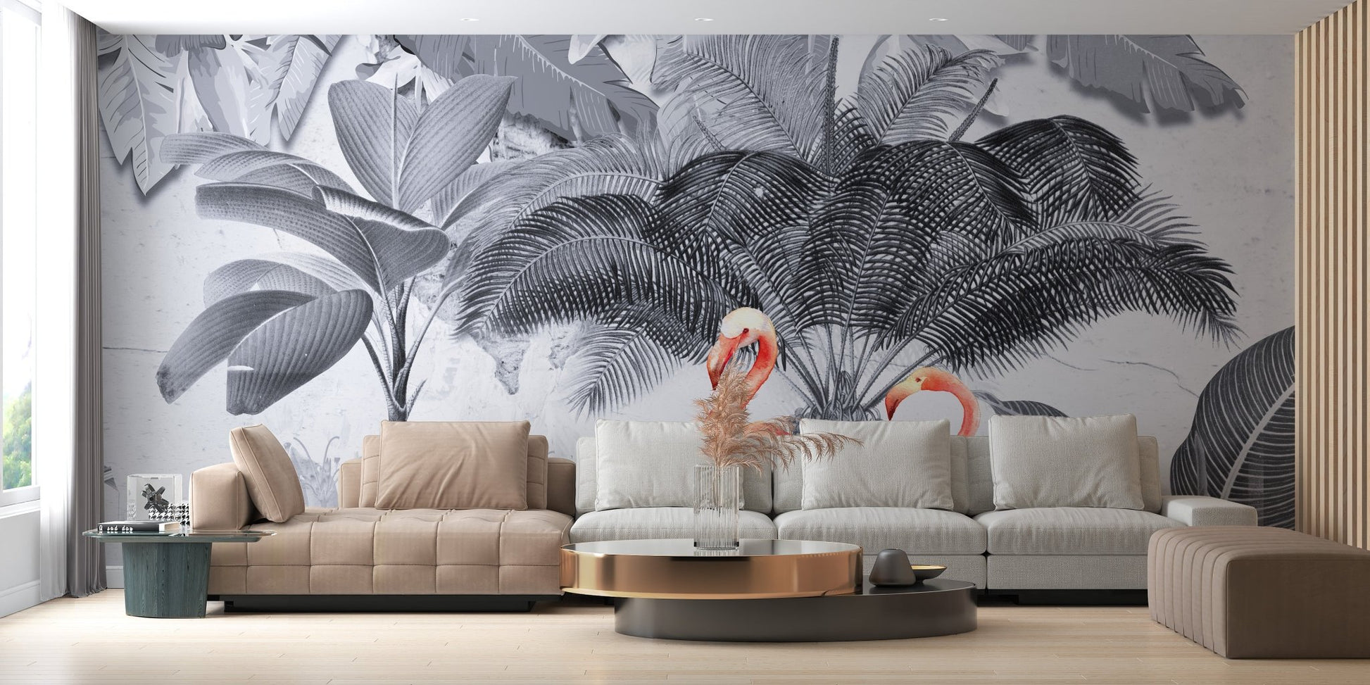 Neutral home office wall featuring a gray and pink tropical leaf mural design.