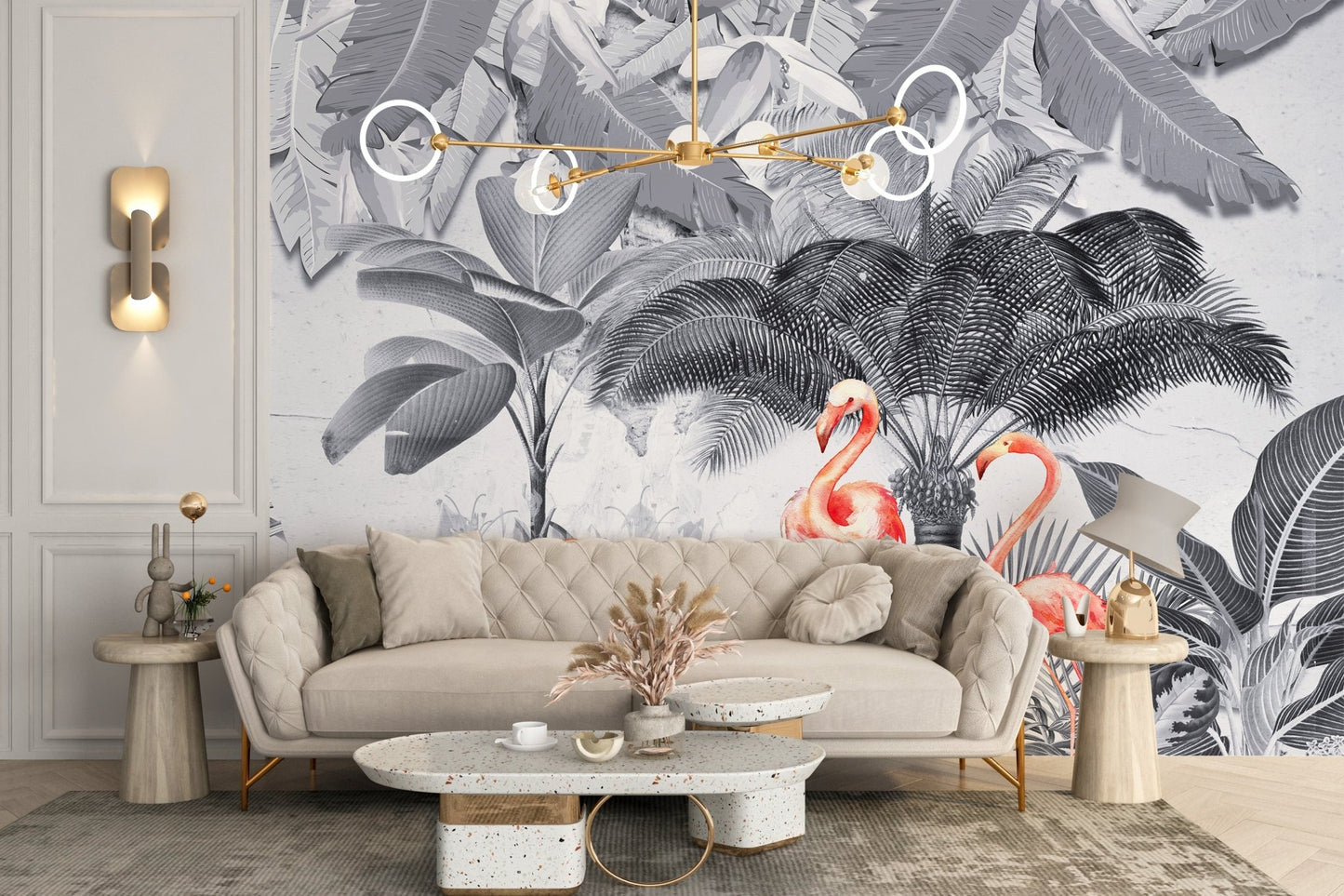 Sophisticated living area wall mural with a tropical bird and leaf motif in gray.