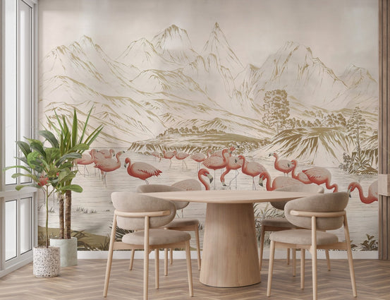 Flamingo lake wallpaper mural with pink flamingos and beige mountains.