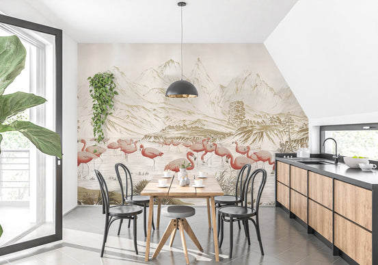 Artistic flamingo wall mural with soft beige landscape.