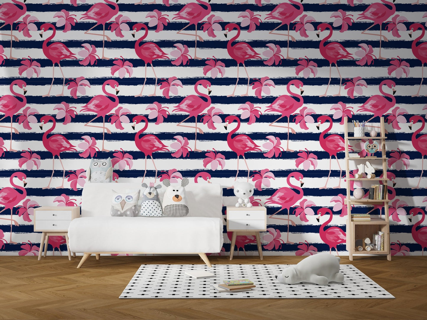Flamingo Oasis in Blue Stripes Wallpaper - Wallanza
