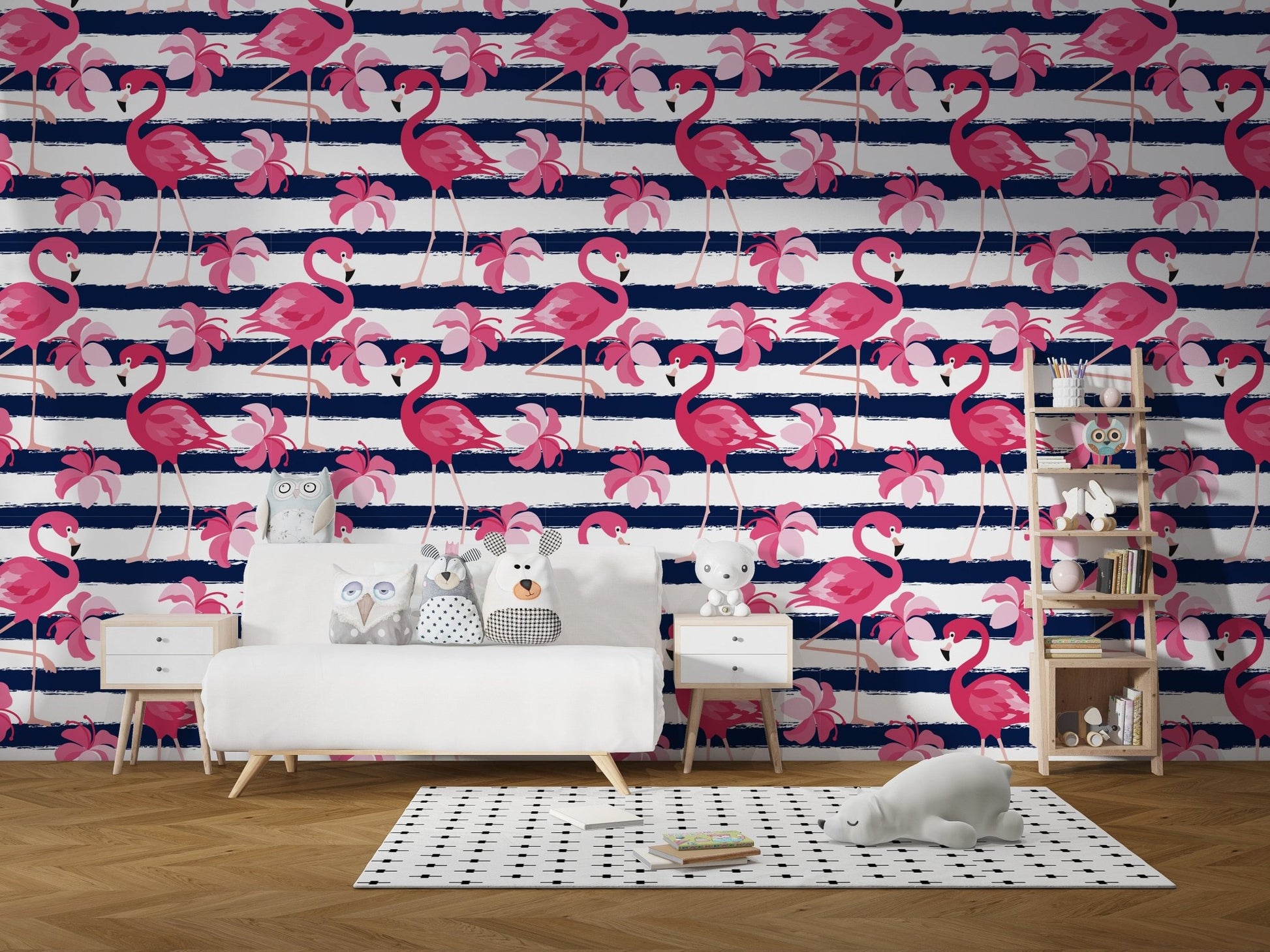 Flamingo Oasis in Blue Stripes Wallpaper - Wallanza