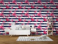 Flamingo Oasis in Blue Stripes Wallpaper - Wallanza