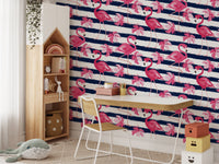 Flamingo Oasis in Blue Stripes Wallpaper - Wallanza