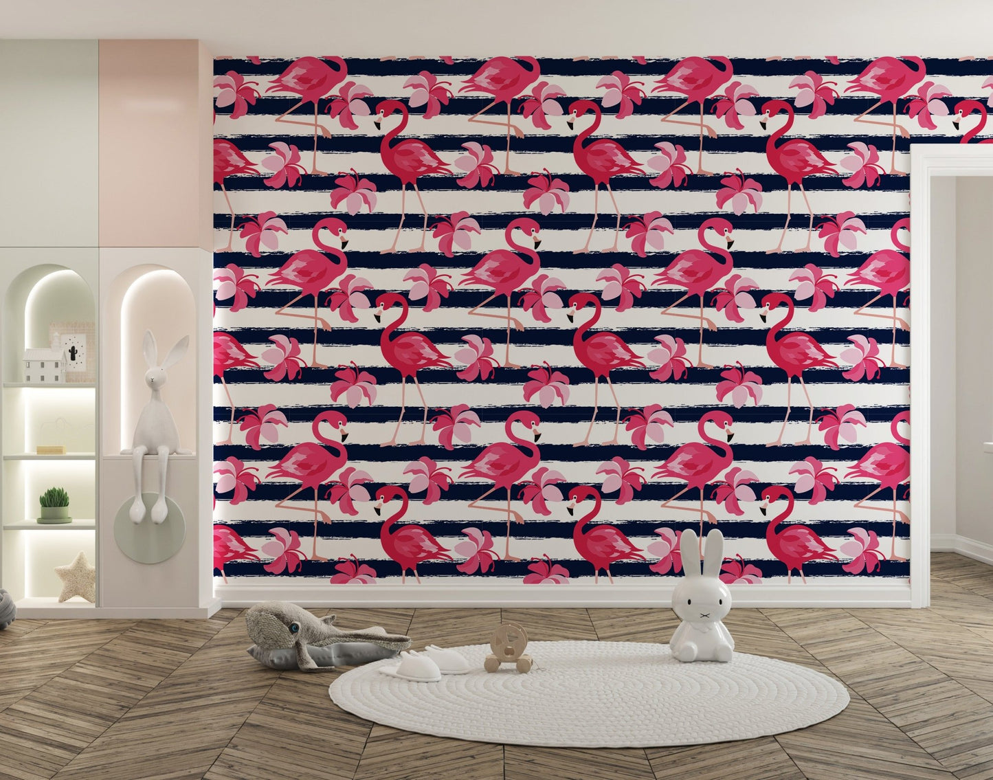 Flamingo Oasis in Blue Stripes Wallpaper - Wallanza