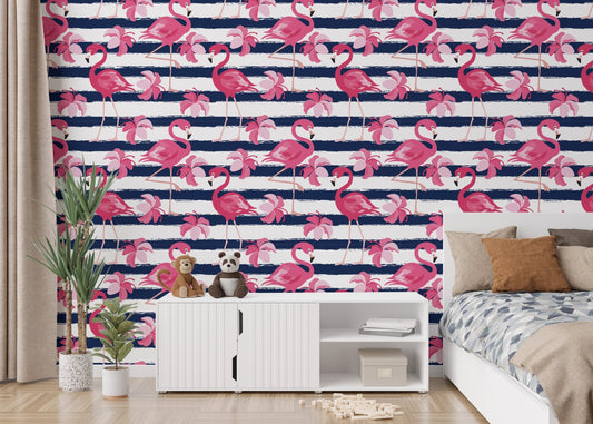 Flamingo Oasis in Blue Stripes Wallpaper in a modern bedroom with white furniture.
