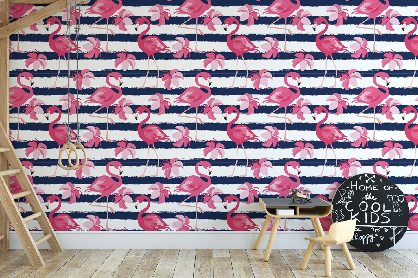 Flamingo Oasis in Blue Stripes Wallpaper - Wallanza