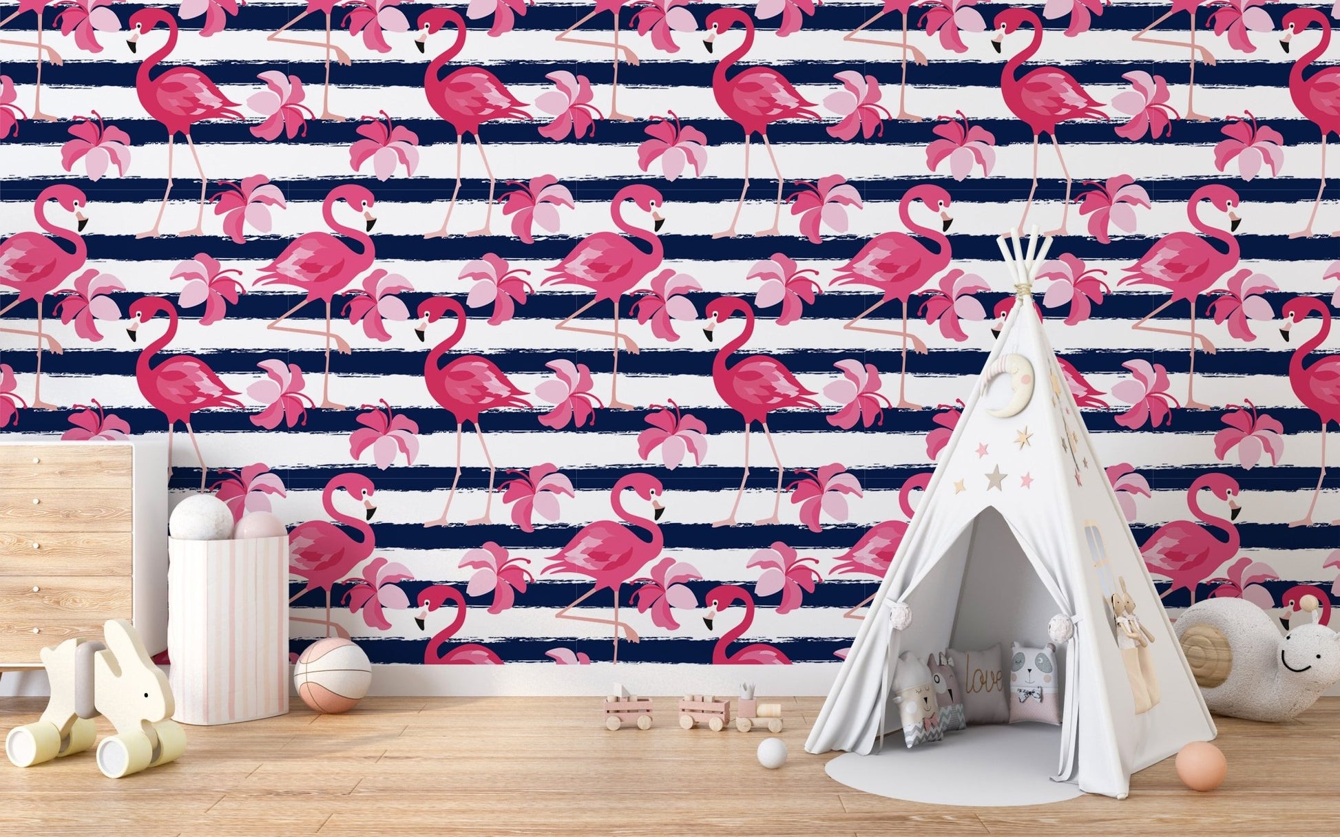 Flamingo Oasis in Blue Stripes Wallpaper - Wallanza
