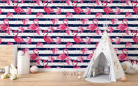 Flamingo Oasis in Blue Stripes Wallpaper - Wallanza