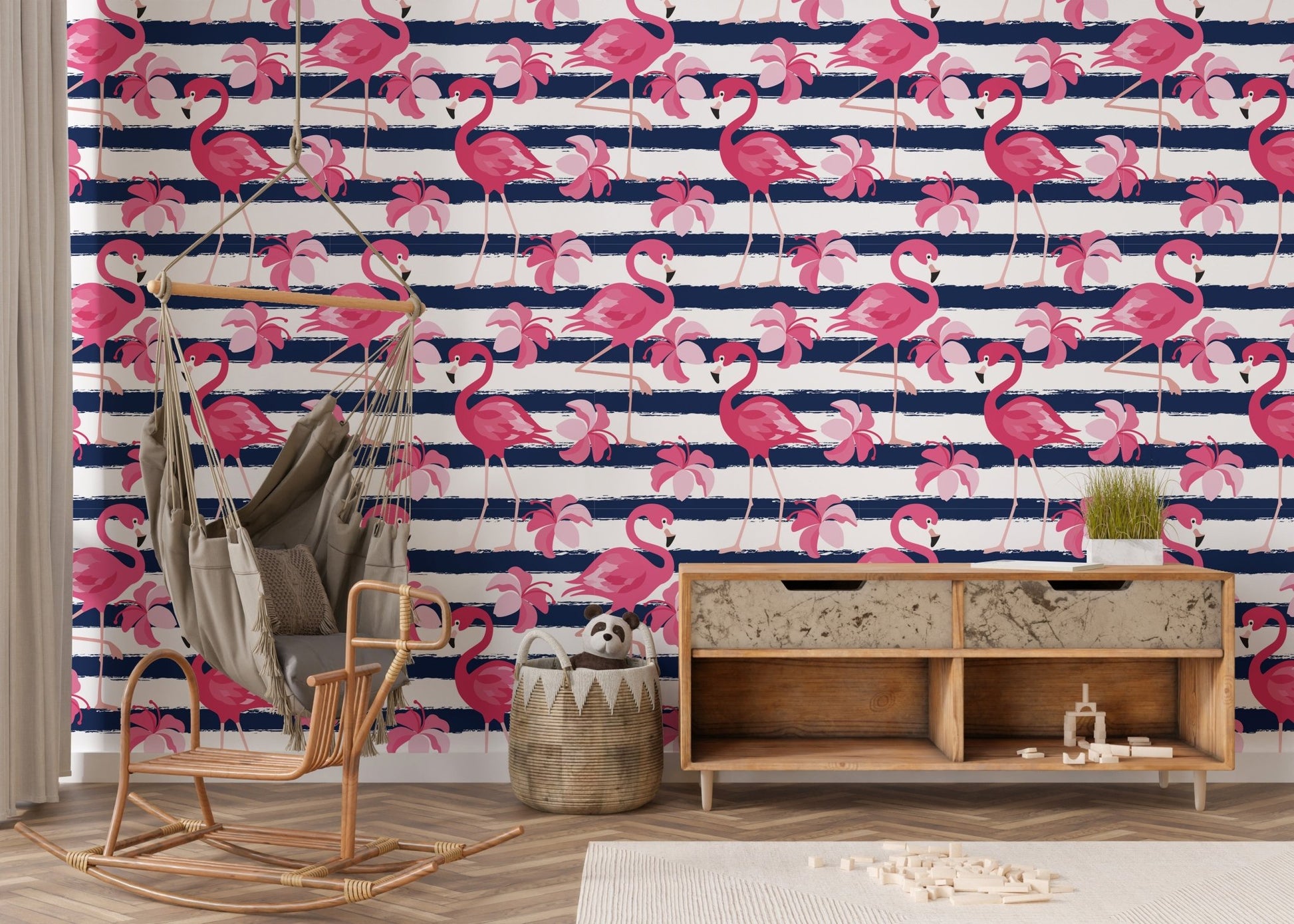 Flamingo Oasis in Blue Stripes Wallpaper - Wallanza