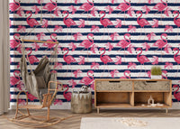 Flamingo Oasis in Blue Stripes Wallpaper - Wallanza