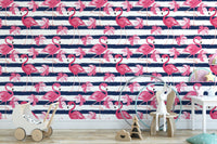 Flamingo Oasis in Blue Stripes Wallpaper - Wallanza