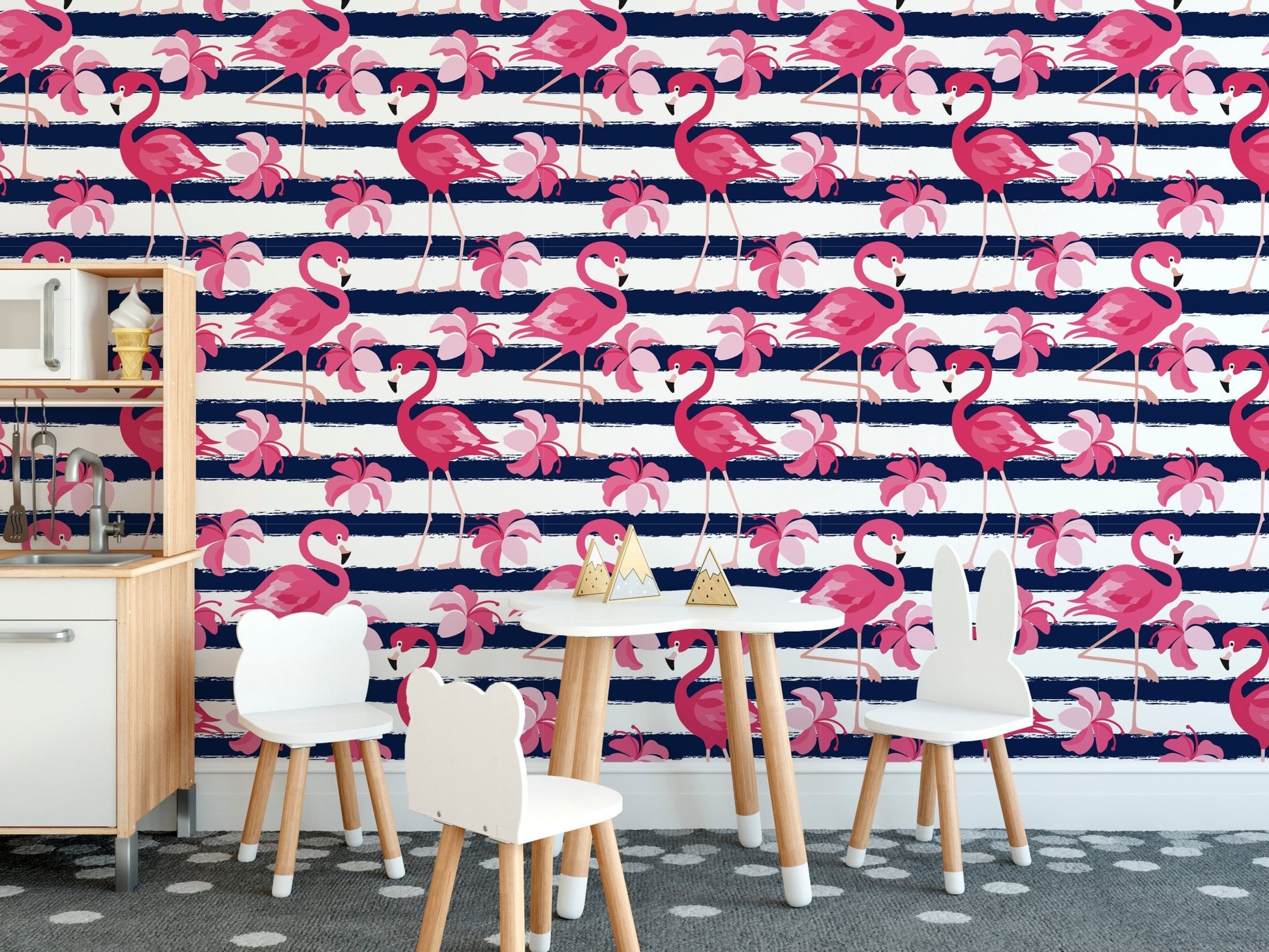 Flamingo Oasis in Blue Stripes Wallpaper - Wallanza