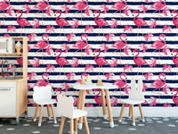 Flamingo Oasis in Blue Stripes Wallpaper - Wallanza