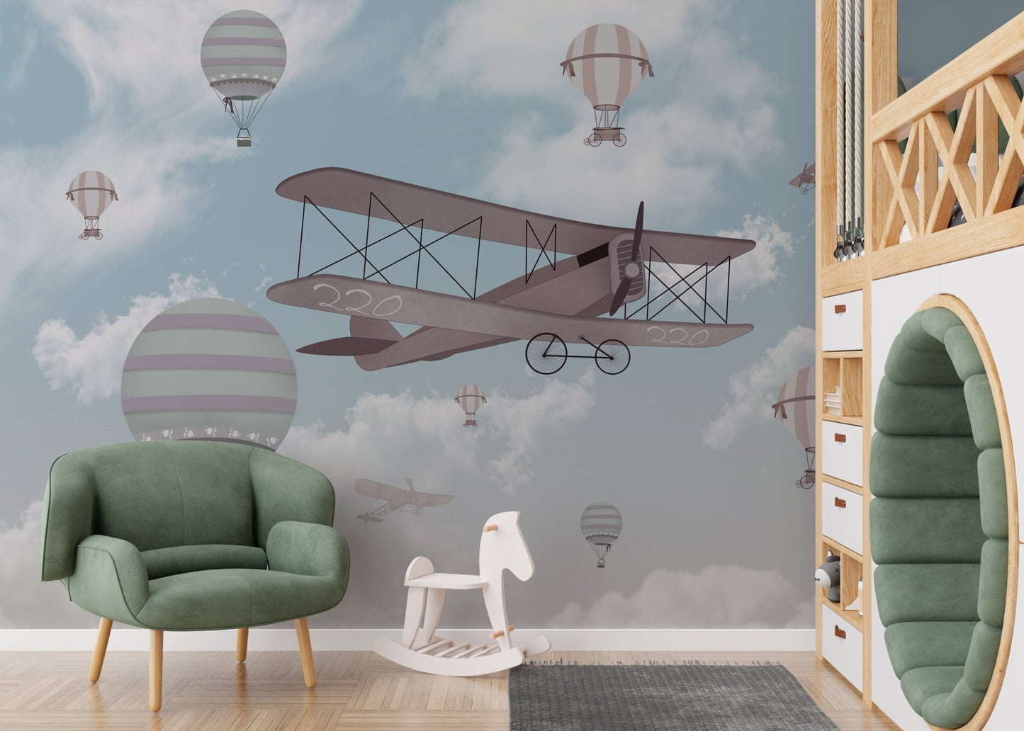 Artistic flight-themed mural for cheerful kids' wall decor.
