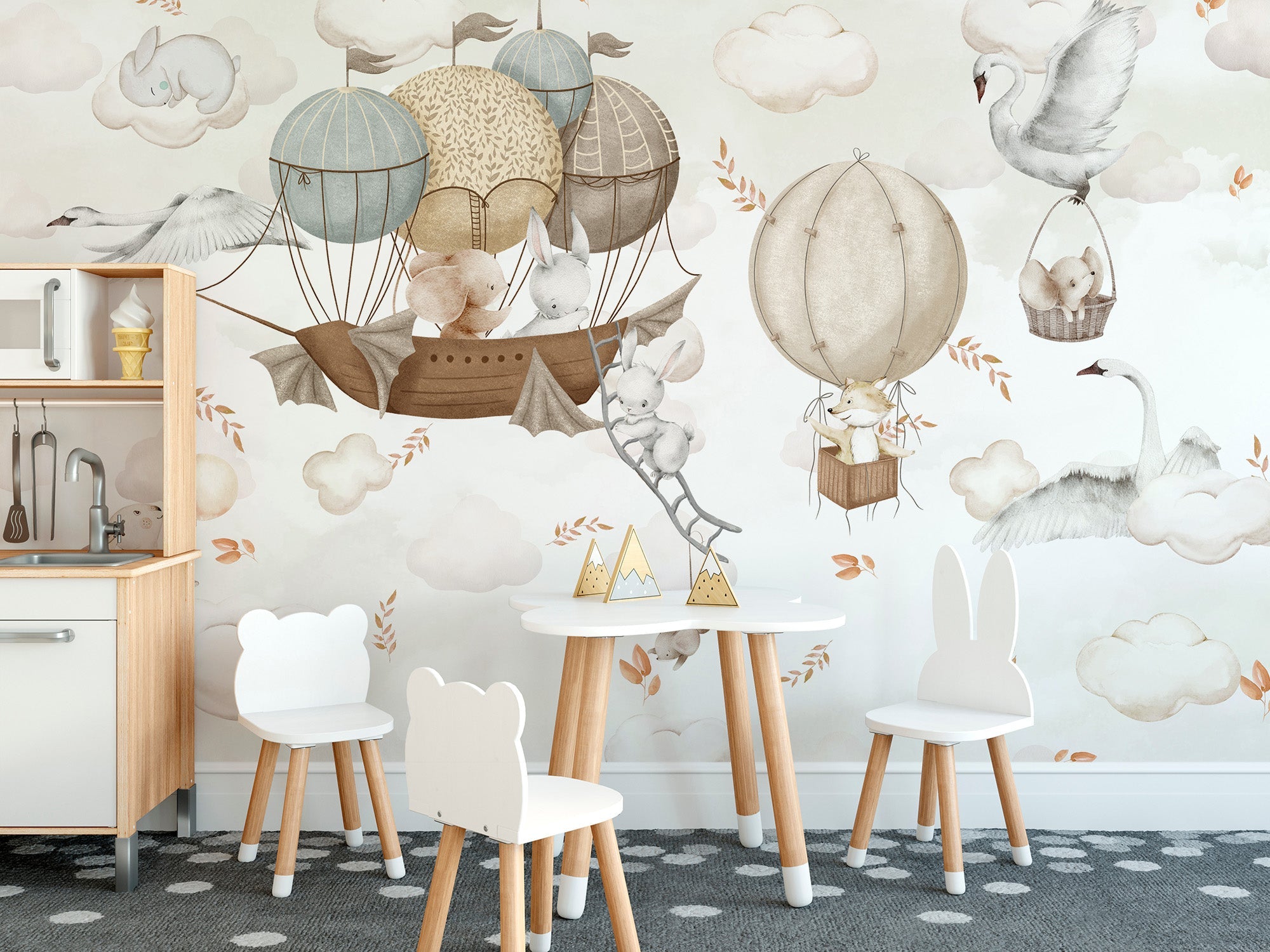 Floating animals wallpaper mural with watercolor rabbits in a hot air balloon.