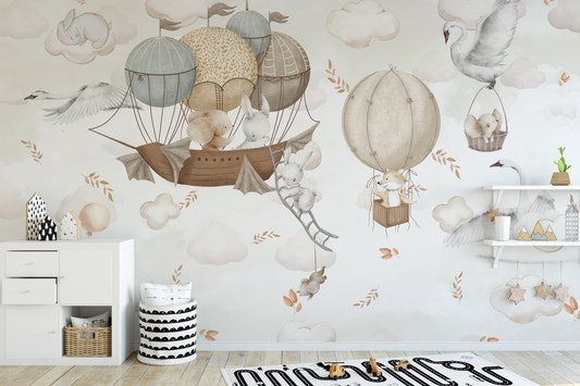 Whimsical woodland animal flying in vintage airships wall mural.