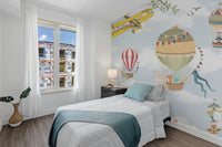 Small bedroom with vintage aviation and balloon wall mural