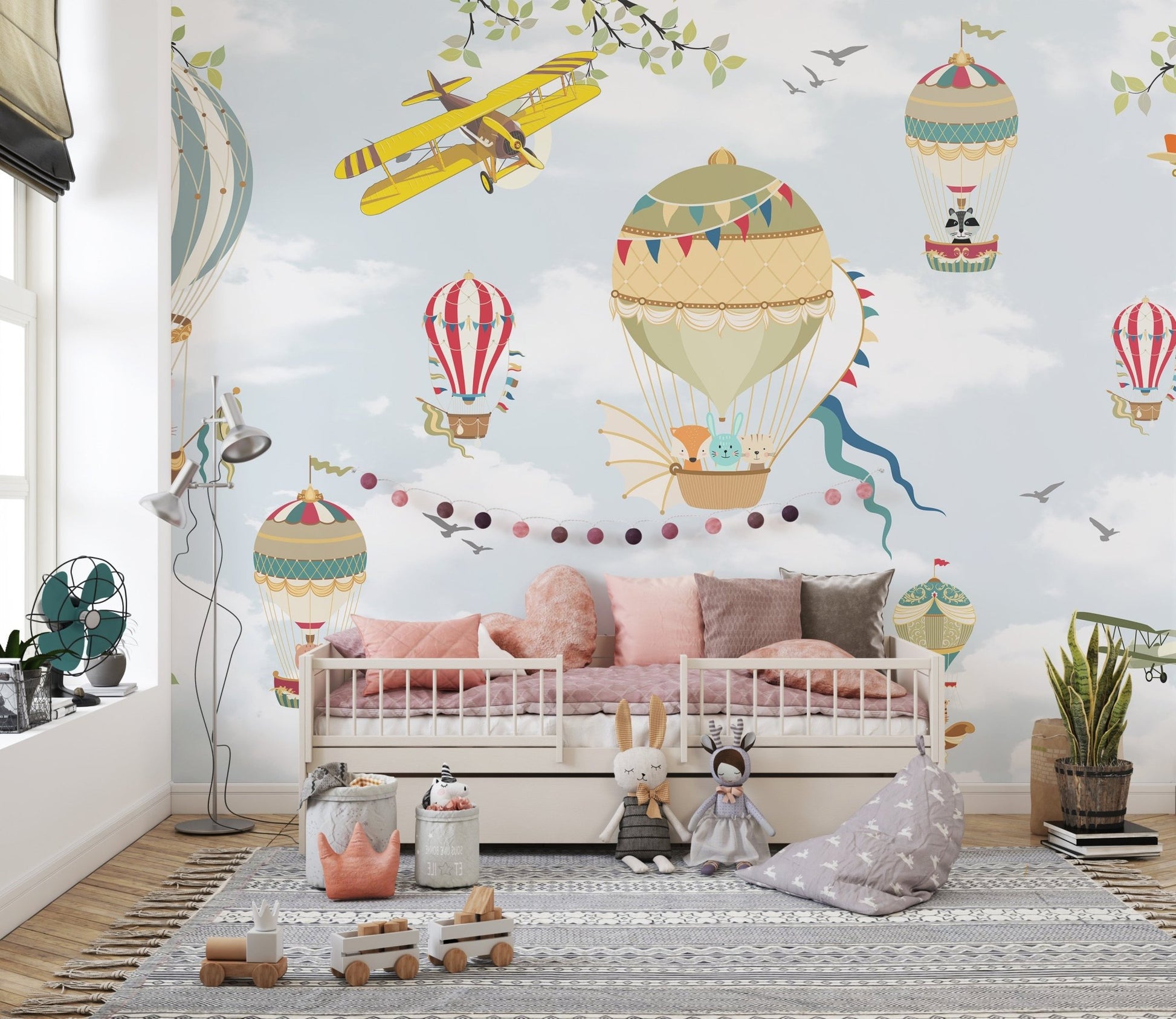 Floating Balloons Kids Wall Mural in a child bedroom.