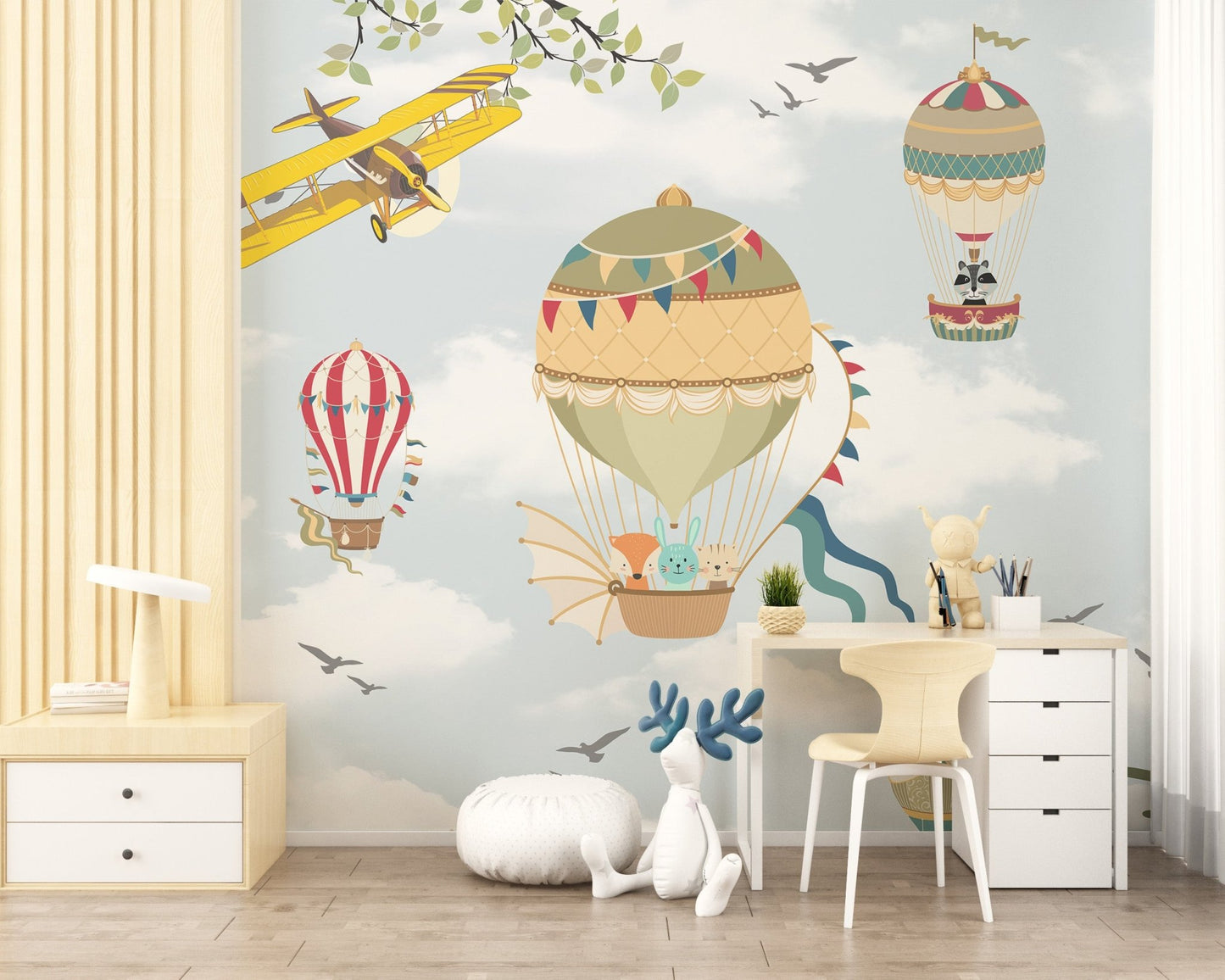 Study area against a blue sky and hot air balloon wall mural