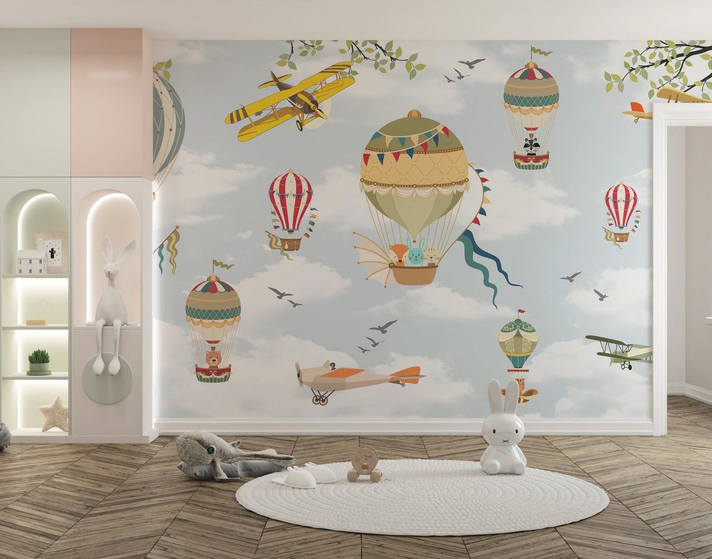 Floating Balloons Kids Wall Mural in a pastel nursery setting