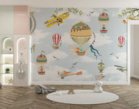 Floating Balloons Kids Wall Mural in a pastel nursery setting