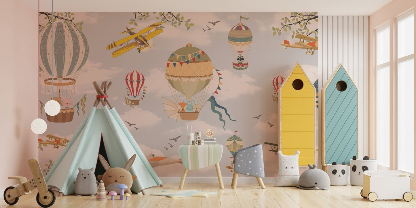 Kids play area with vintage hot air balloon wall mural design