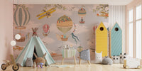 Kids play area with vintage hot air balloon wall mural design
