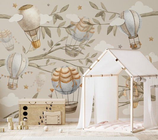 Floating balloons nursery mural wall mural with watercolor hot air balloons.