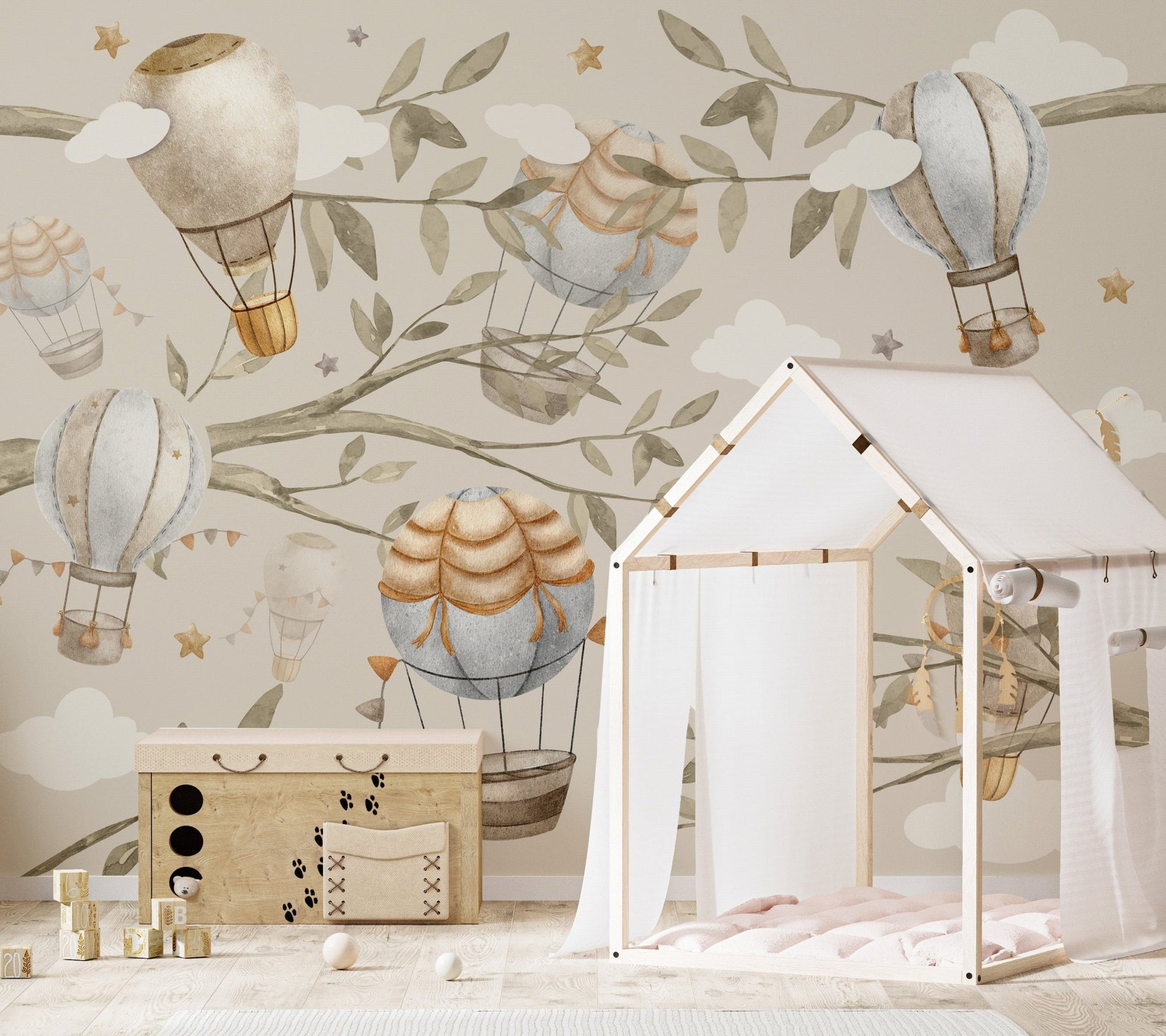 Floating balloons nursery mural wall mural with watercolor hot air balloons.