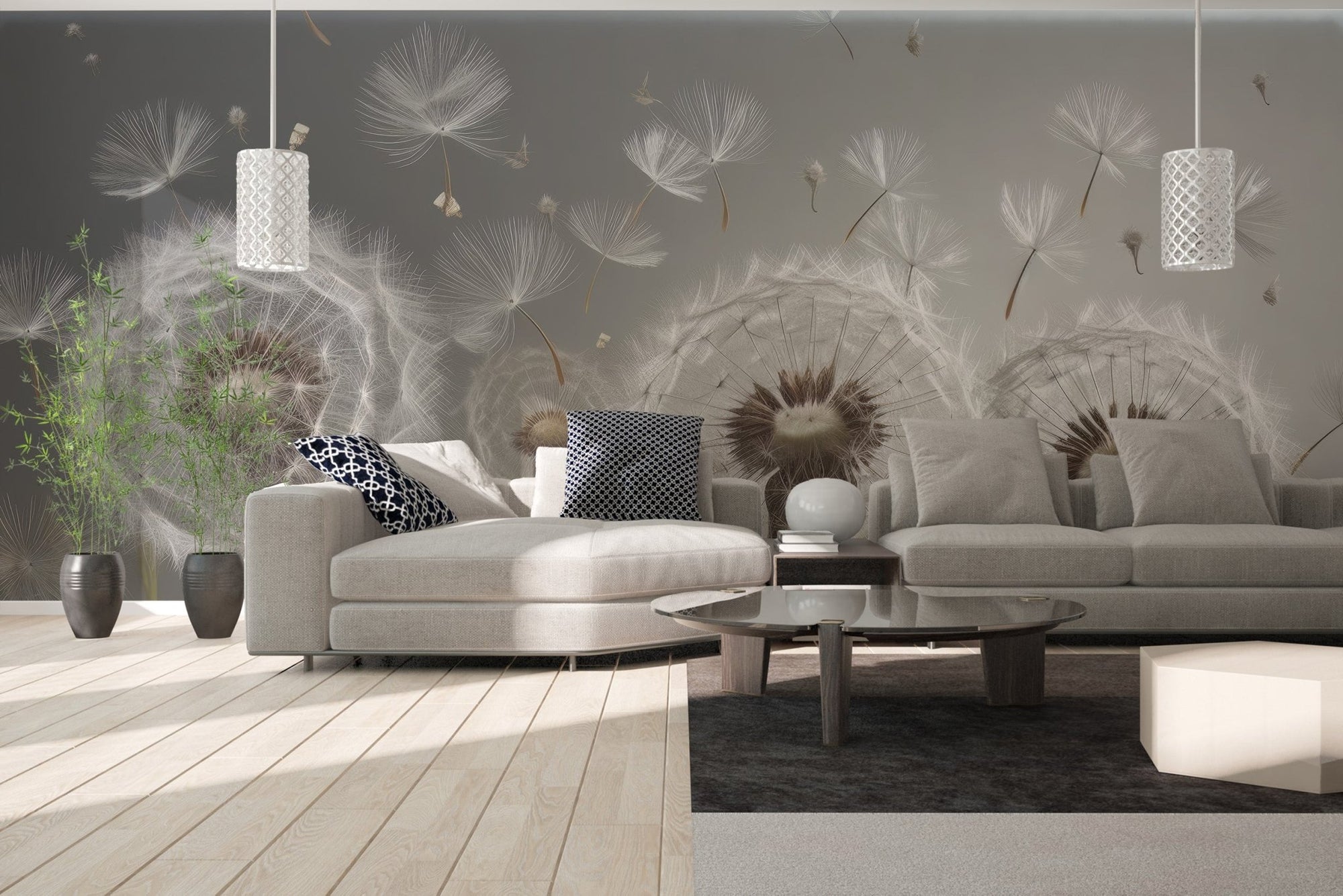Floating seeds tranquil wall mural with soft gray dandelion color tones.