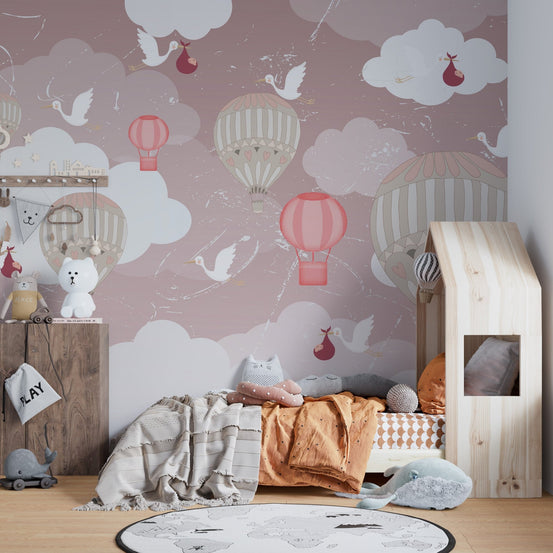Floating tranquility mural with 3D balloons for serene bedroom interiors.
