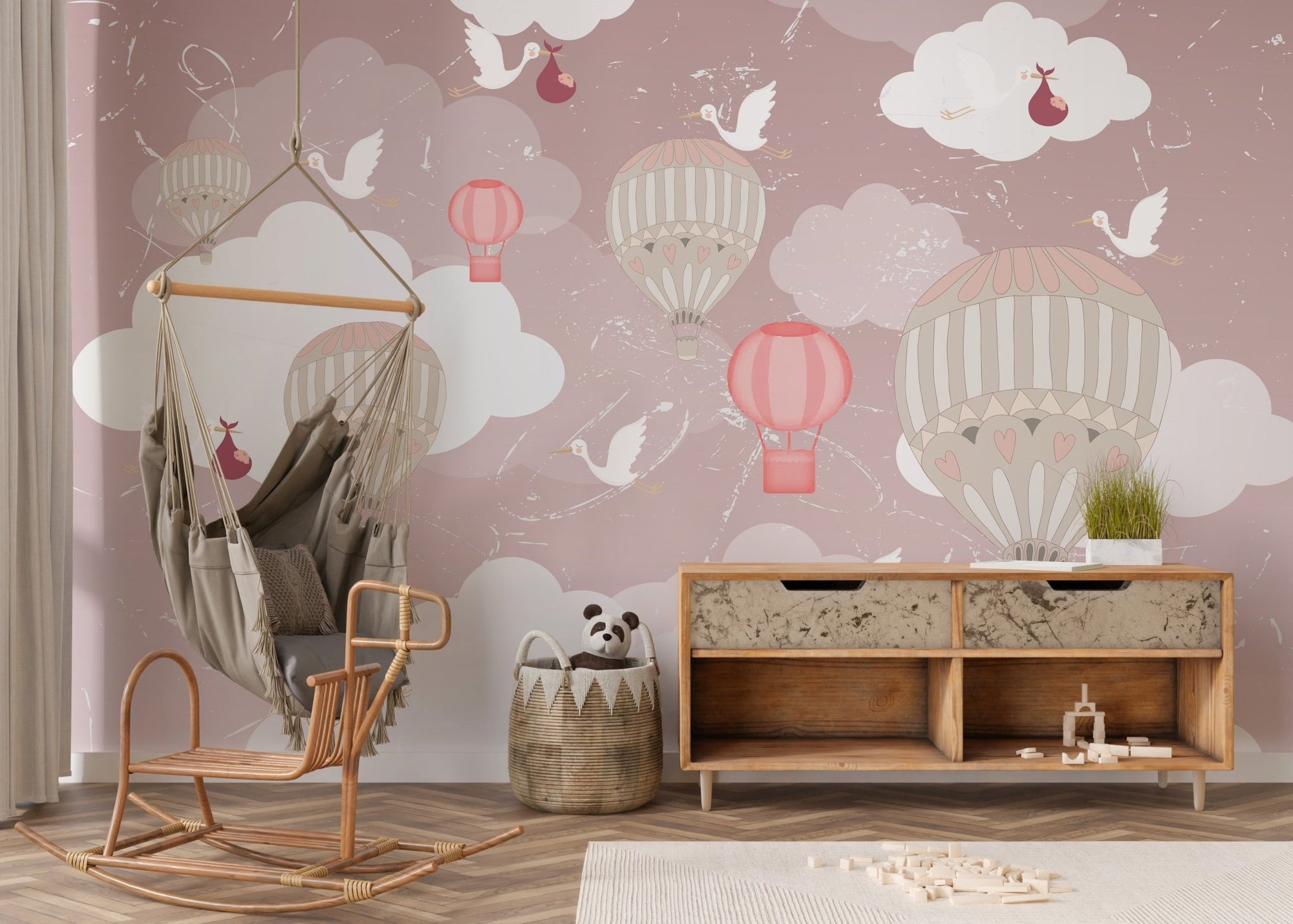 Floating Tranquility 3D Balloon Wall Mural in kids room with wooden dresser.