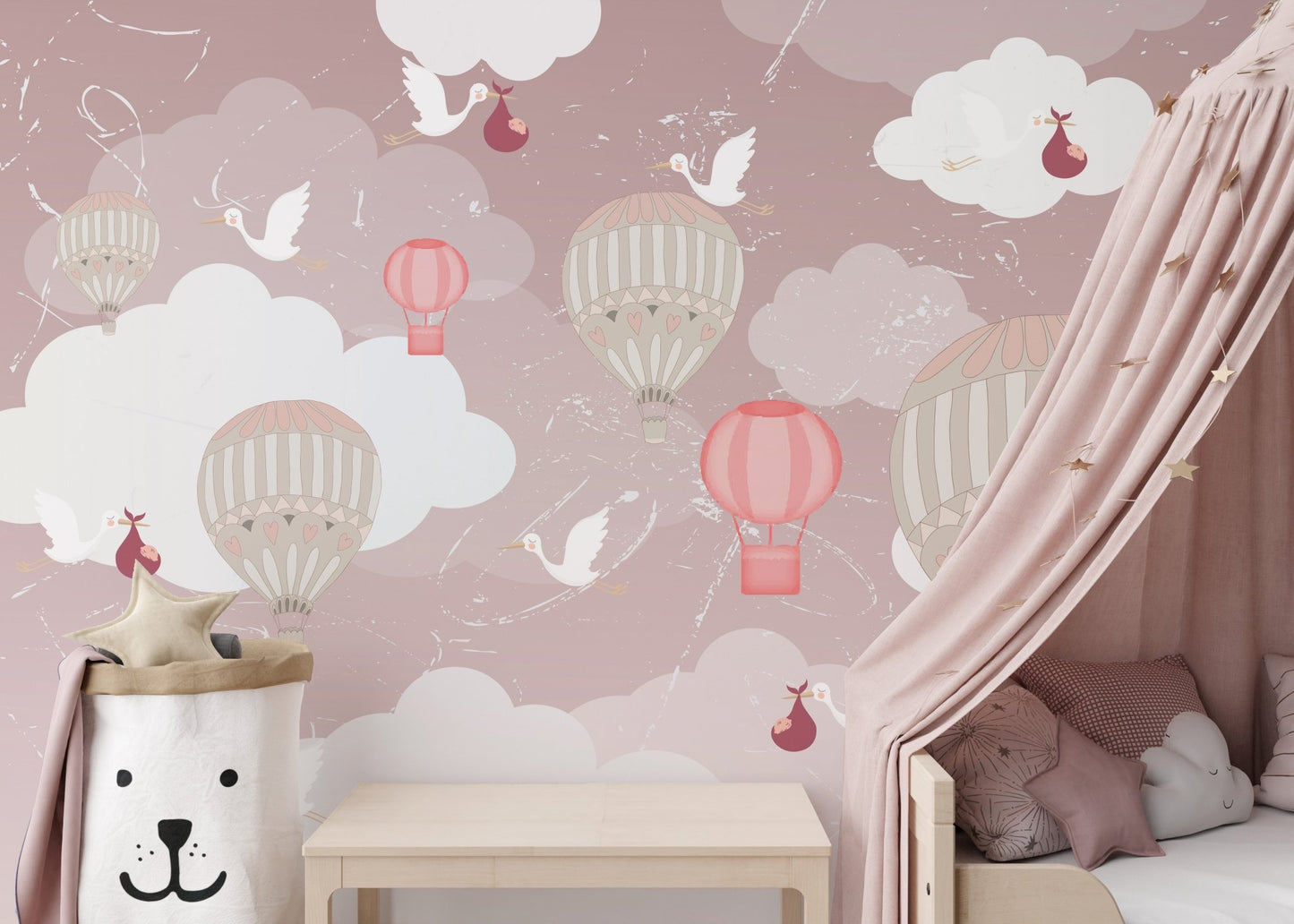 3D mural of floating tranquility balloons for soothing kids room interiors.