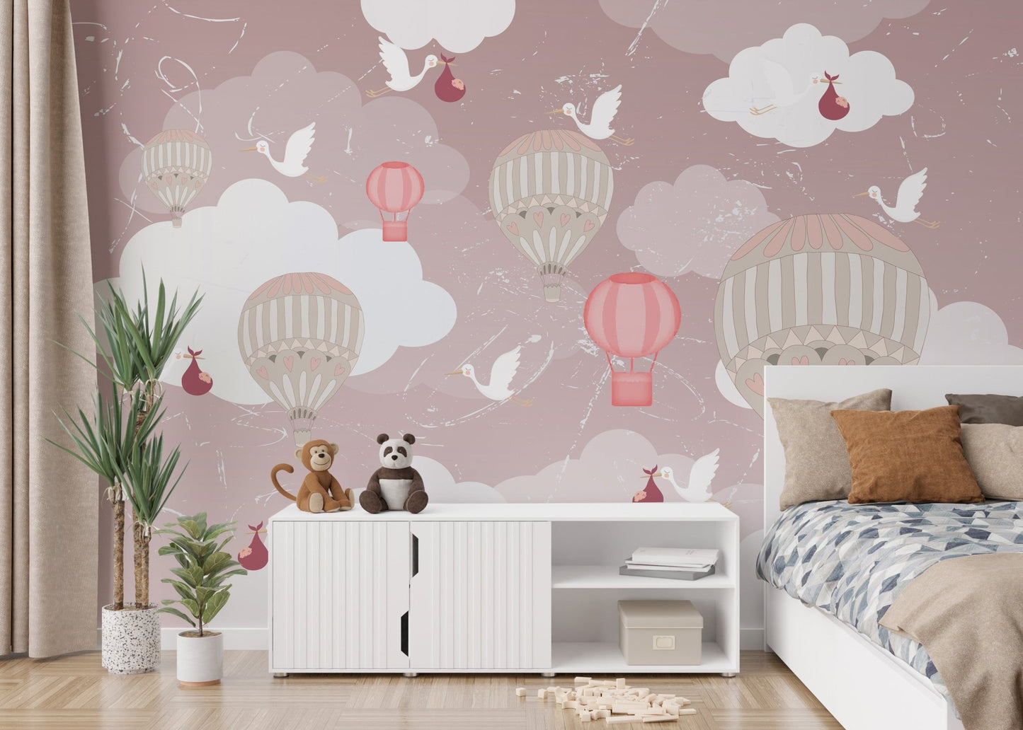 3D balloon mural creating a peaceful and airy atmosphere in kids bedroom.

