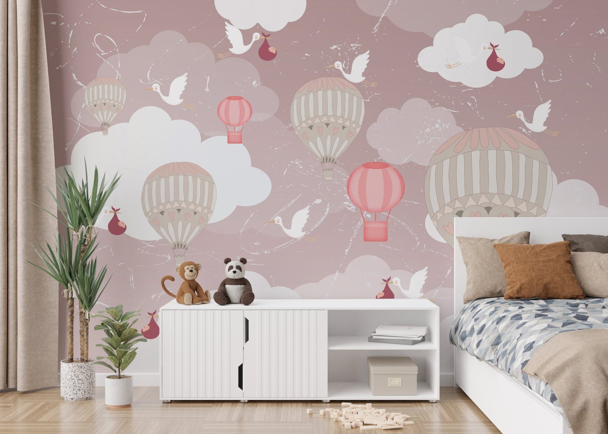 3D balloon mural creating a peaceful and airy atmosphere in kids bedroom.
