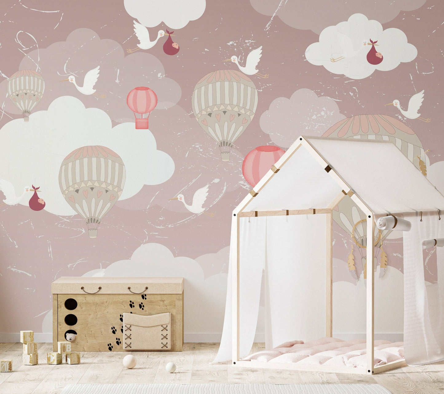 Floating tranquility mural with soft 3D balloon designs for child's room.
