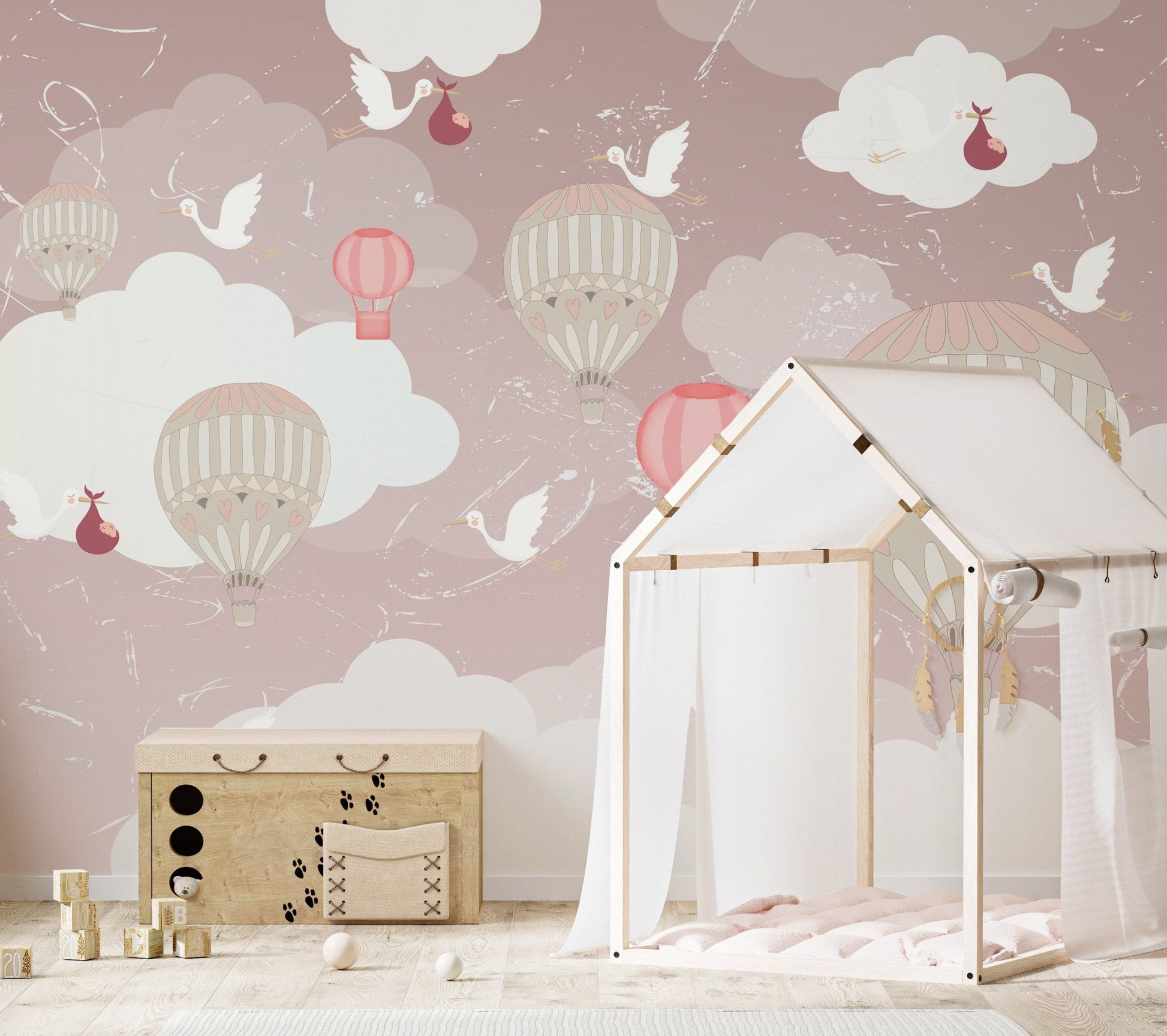 Floating tranquility mural with soft 3D balloon designs for child's room.
