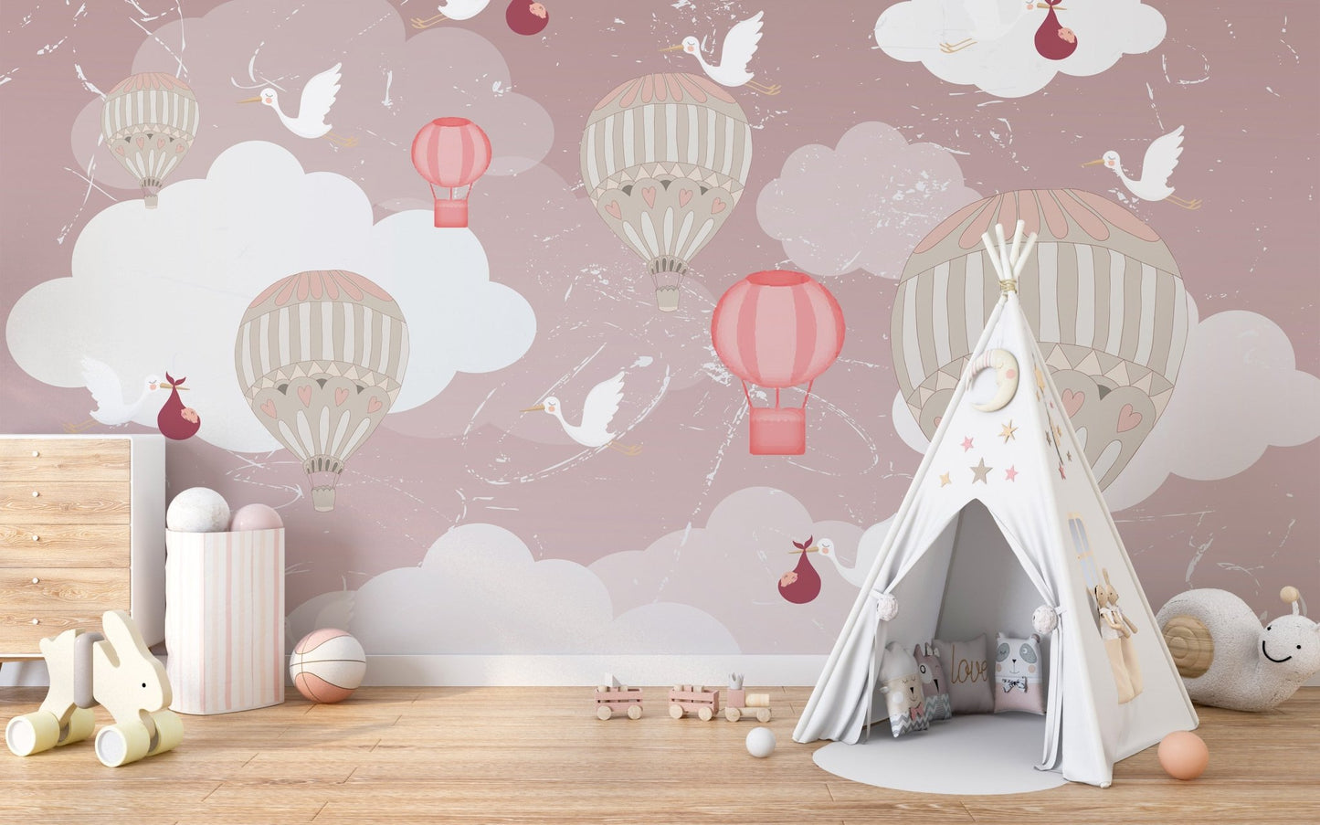 Floating Tranquility 3D Balloon Wall Mural backdrop for a white teepee tent.