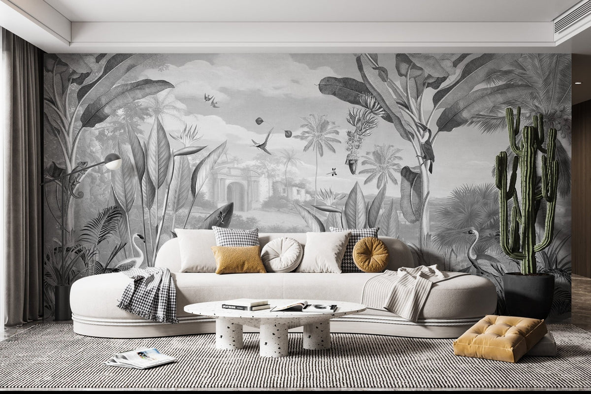 Decorative wall art with a dramatic monochrome floral panorama mural for living room interior.
