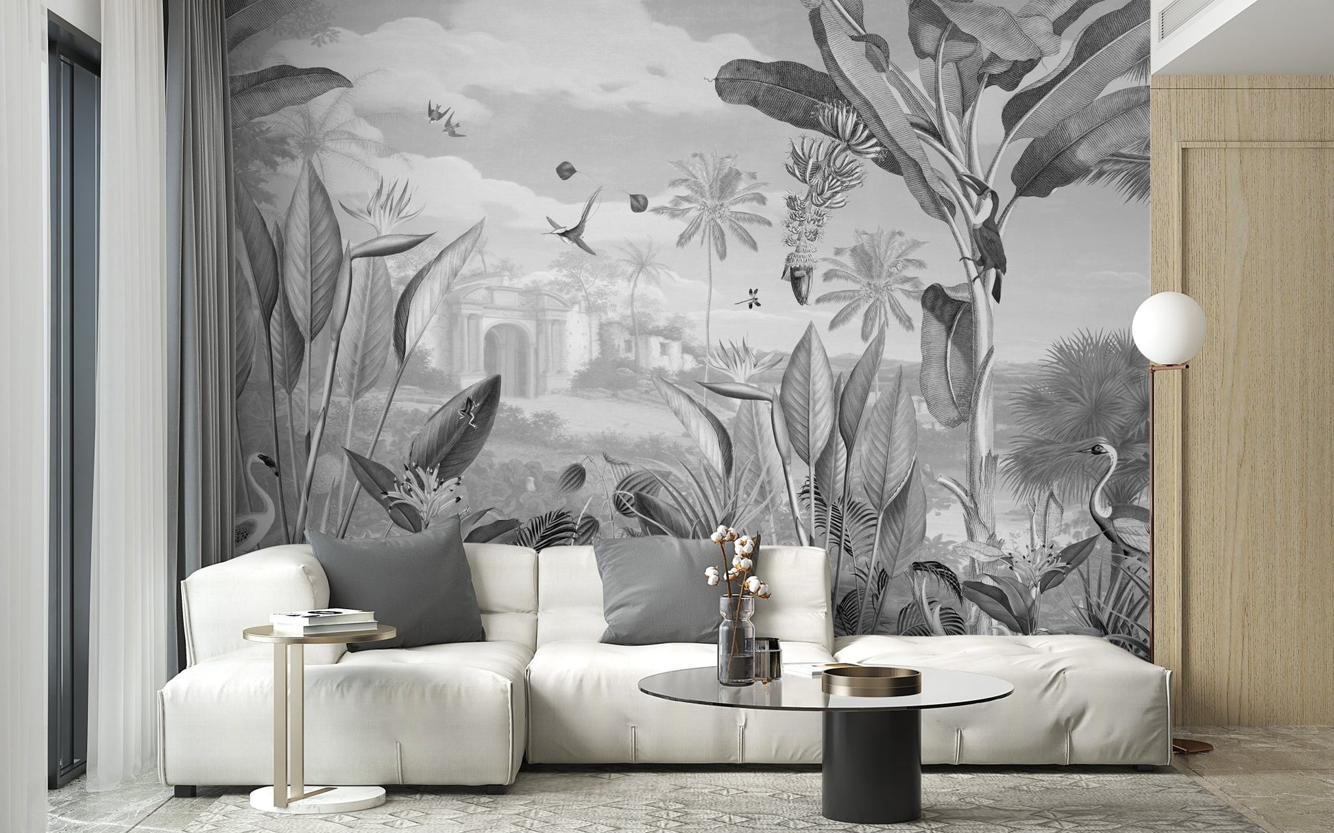 Unique mural capturing the beauty of flora in monochrome design



