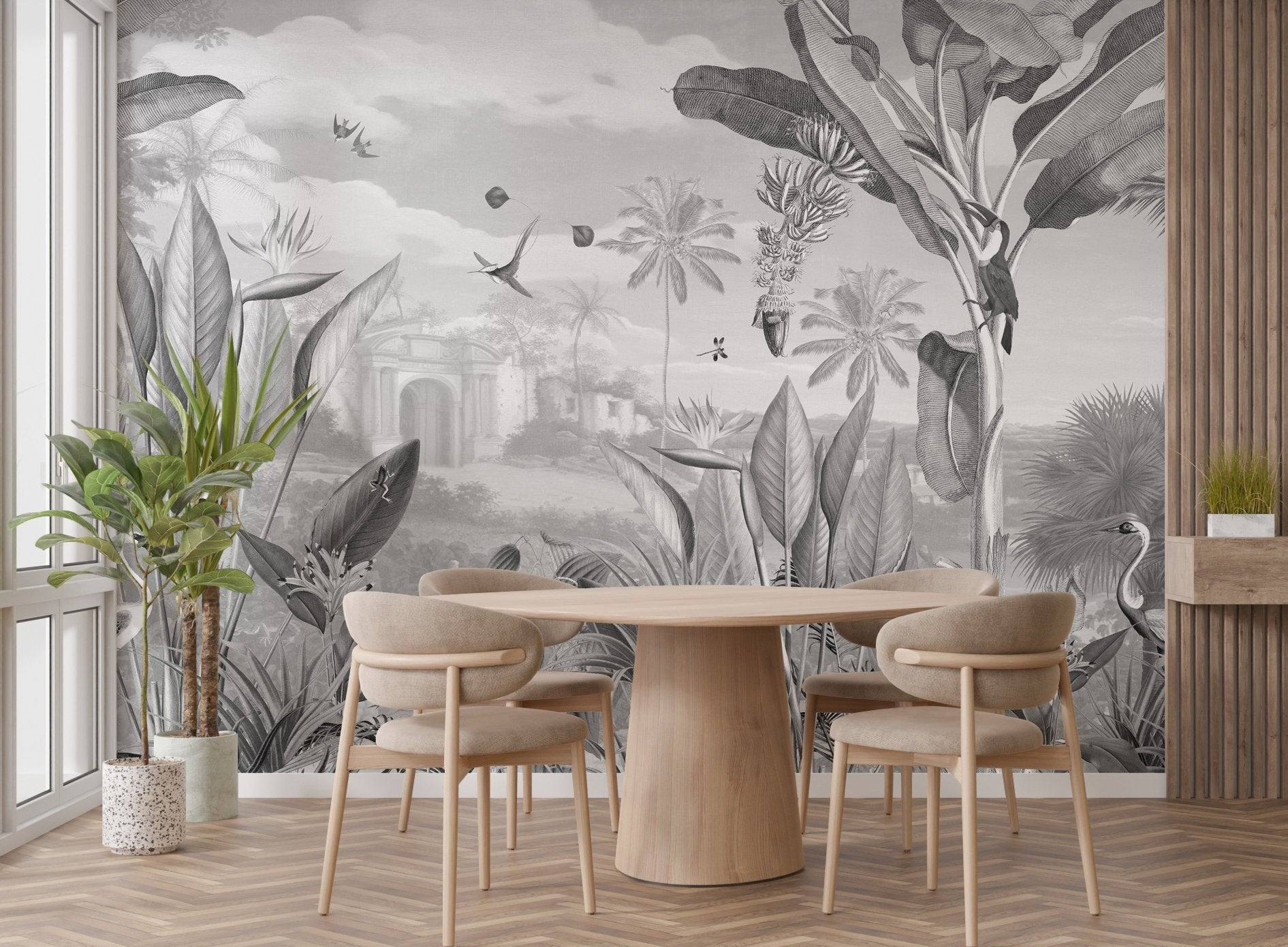 Elegant wall mural featuring a monochrome floral panorama for dining room.
