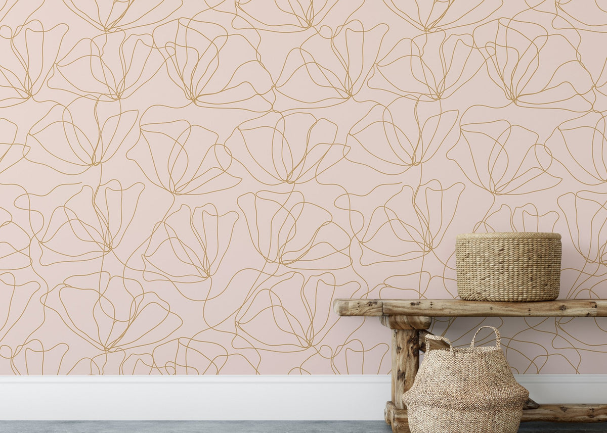 Floral Abstract Delicate Pastel Color Pattern Wallpaper behind a wooden bench and baskets.