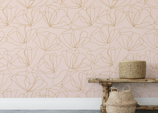 Floral Abstract Delicate Pastel Color Pattern Wallpaper behind a wooden bench and baskets.