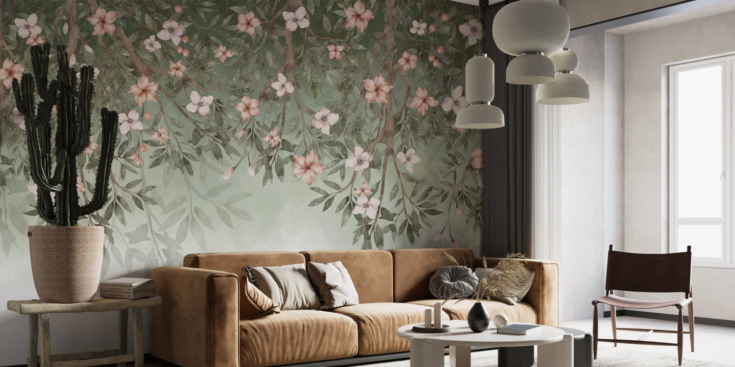Pastel green foliage wall mural with delicate blossom accents.
