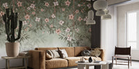 Pastel green foliage wall mural with delicate blossom accents.