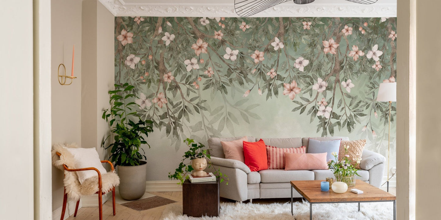 Elegant blossom wallpaper with natural branch pattern.