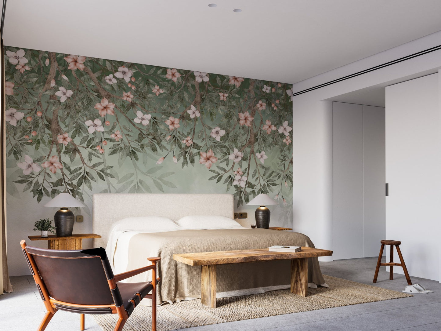 Floral canopy wall mural with muted earthy color scheme.